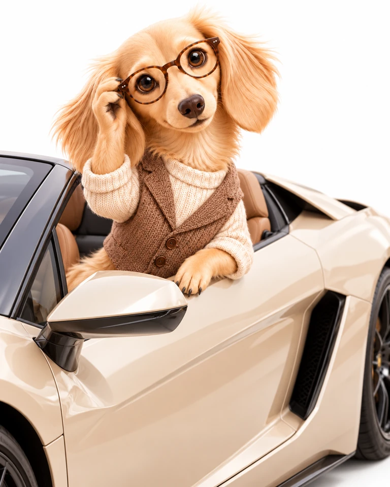 Rosi im hellen Auto auf Weiß