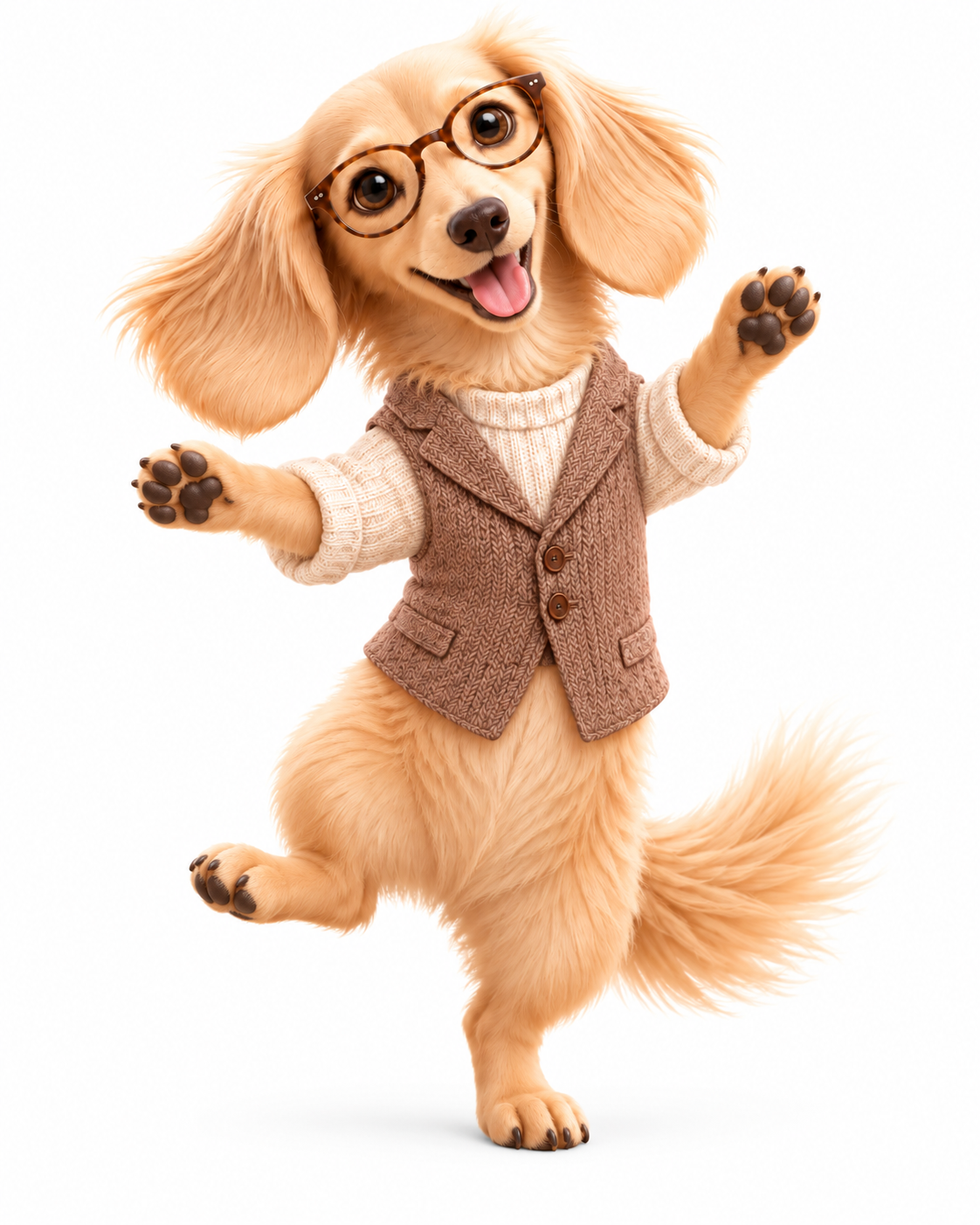 Happy Rosi with glasses, open paws and a broad smile